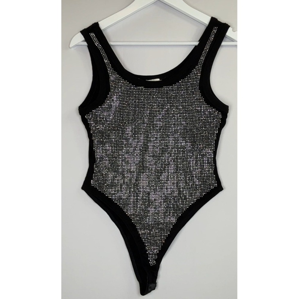 Lizette Collection Black Rhinestone Studded Bodysuit Women's M NWT Glam Clubwear